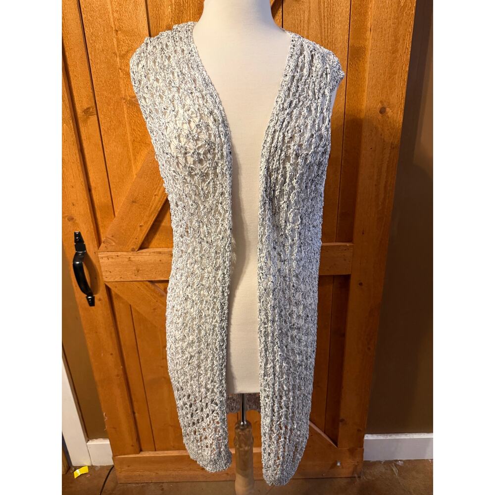 POL Women's Medium Gray (White/Black) Vest Sweater Cardigan Duster
